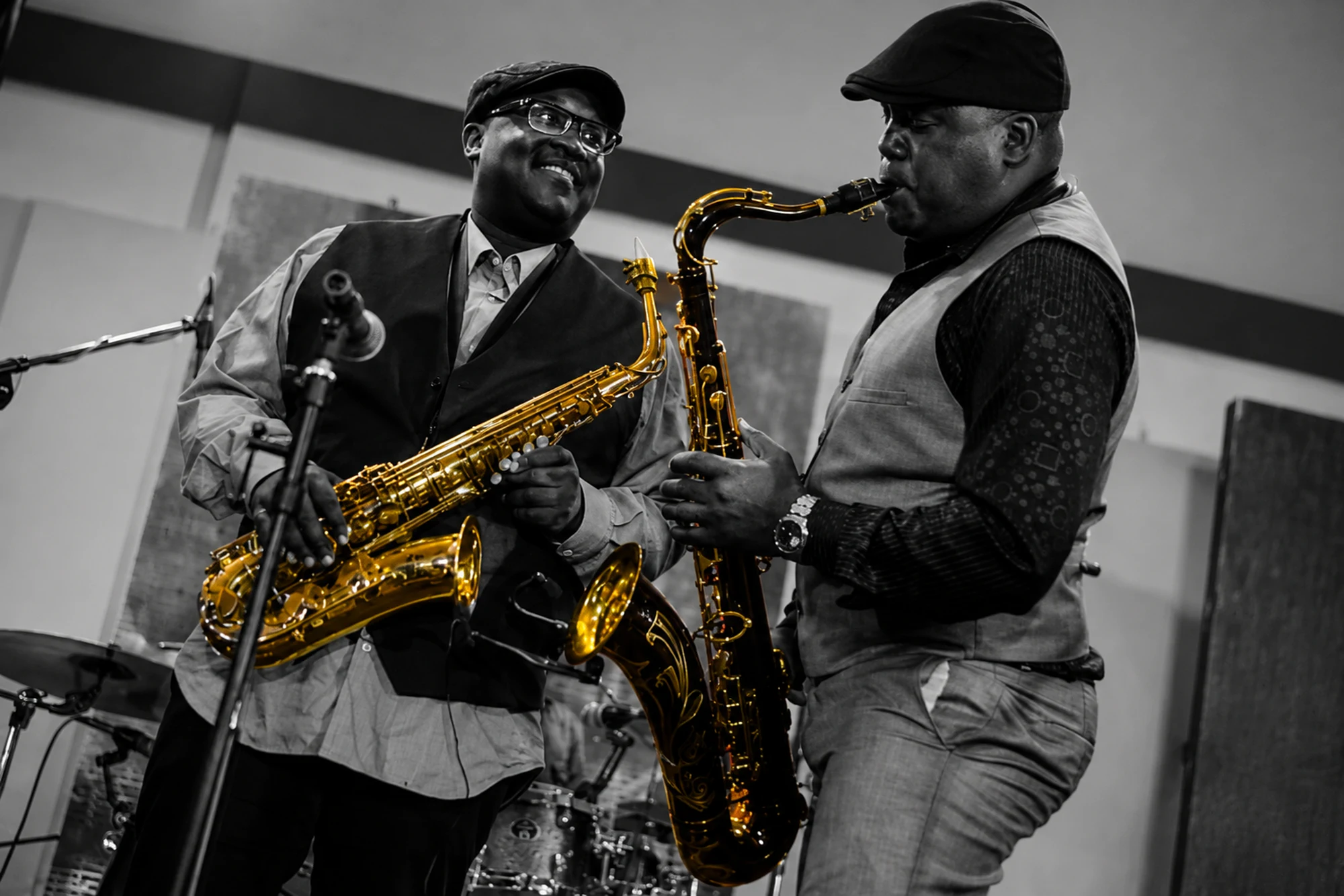 Close view of the Different Faces Band horn section mid-set