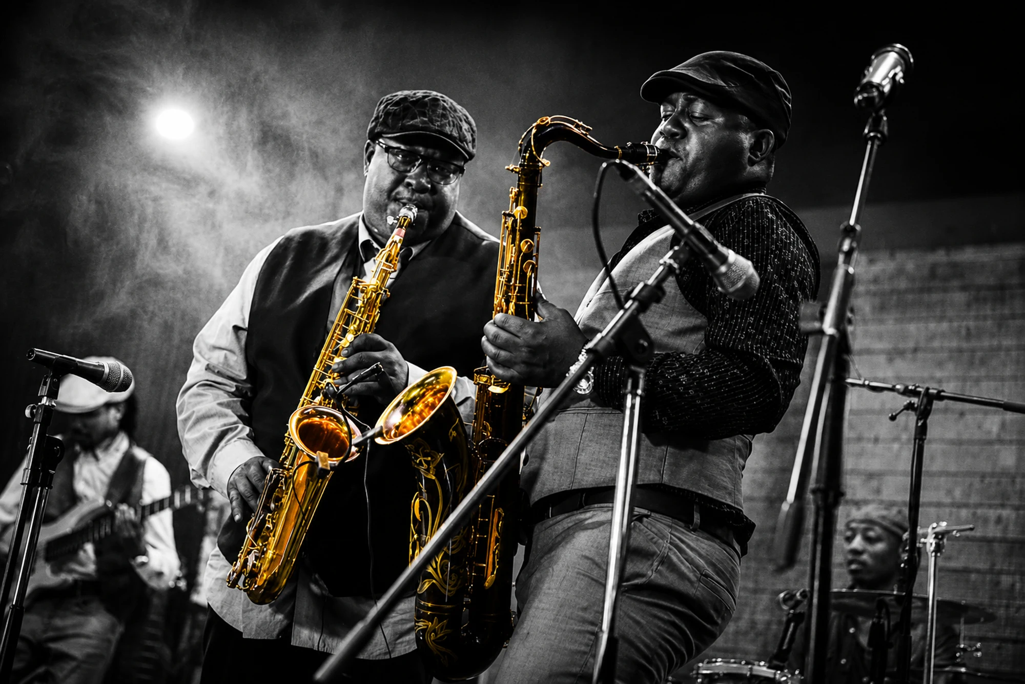 Two saxophonists sharing a microphone under stage lights