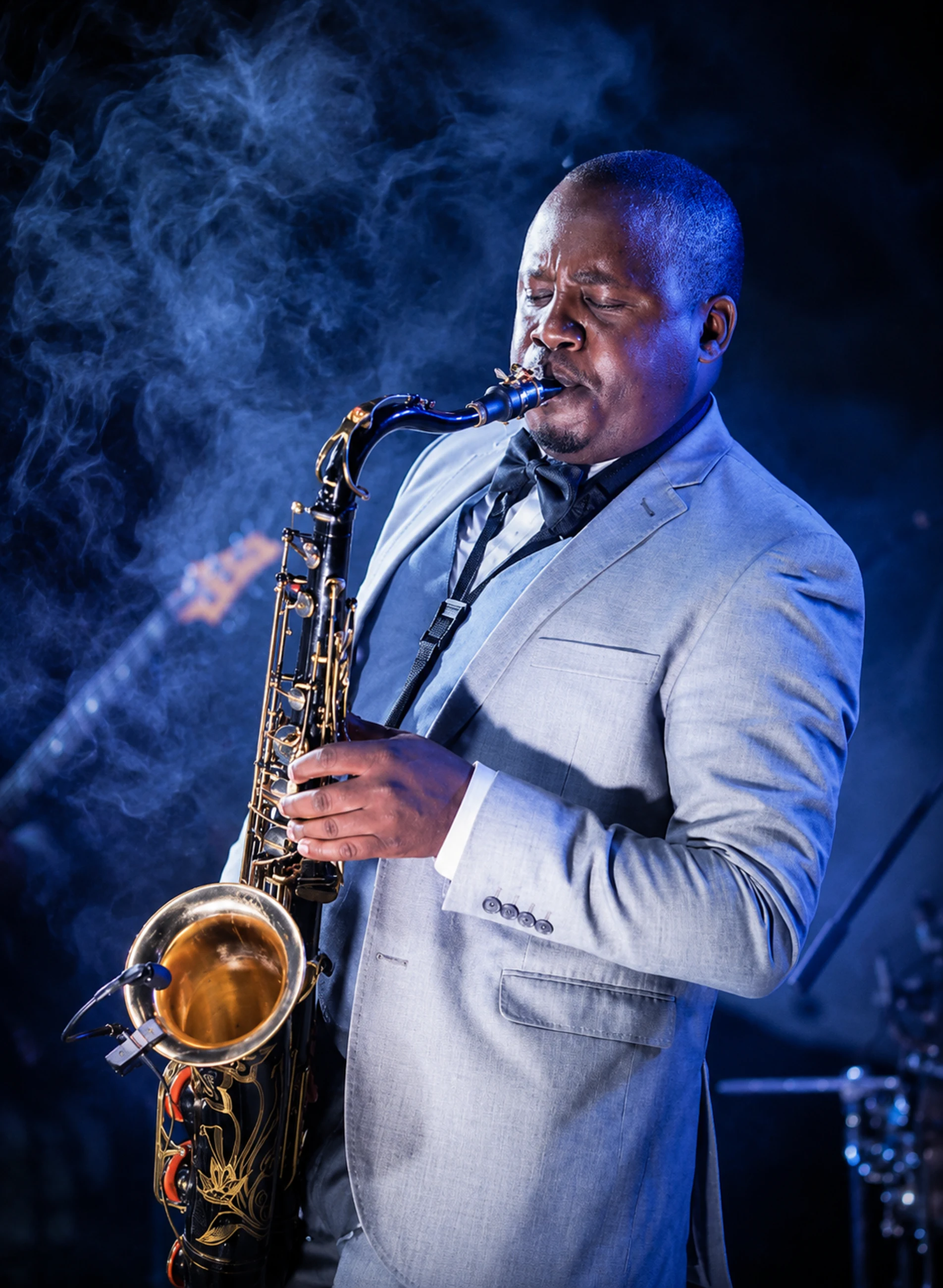 Edward Parseen playing under blue stage light