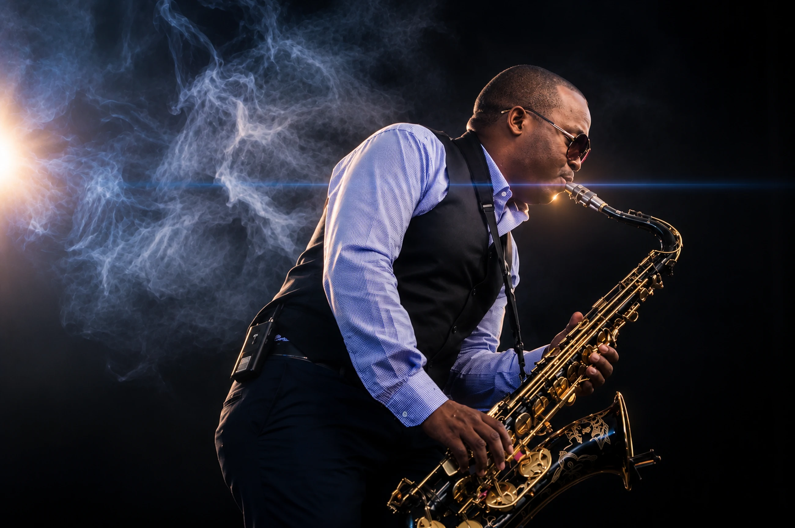 Edward Parseen in sunglasses and waistcoat, playing through blue stage smoke