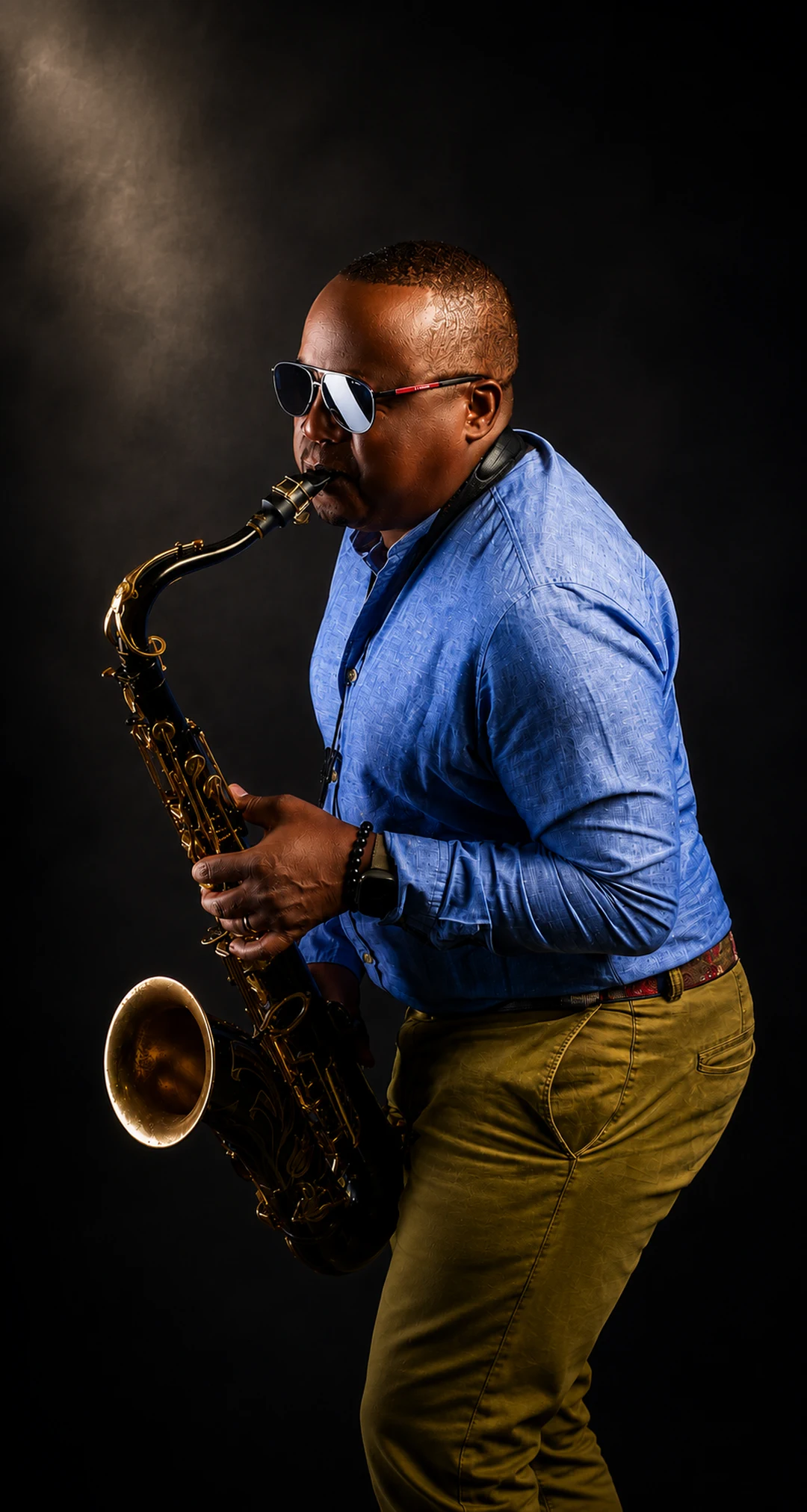 Edward Parseen playing tenor saxophone, lit against a dark studio backdrop